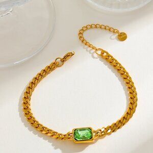 18K Gold Plated Simulated Emerald Chain Bracelet, Stainless Steel
